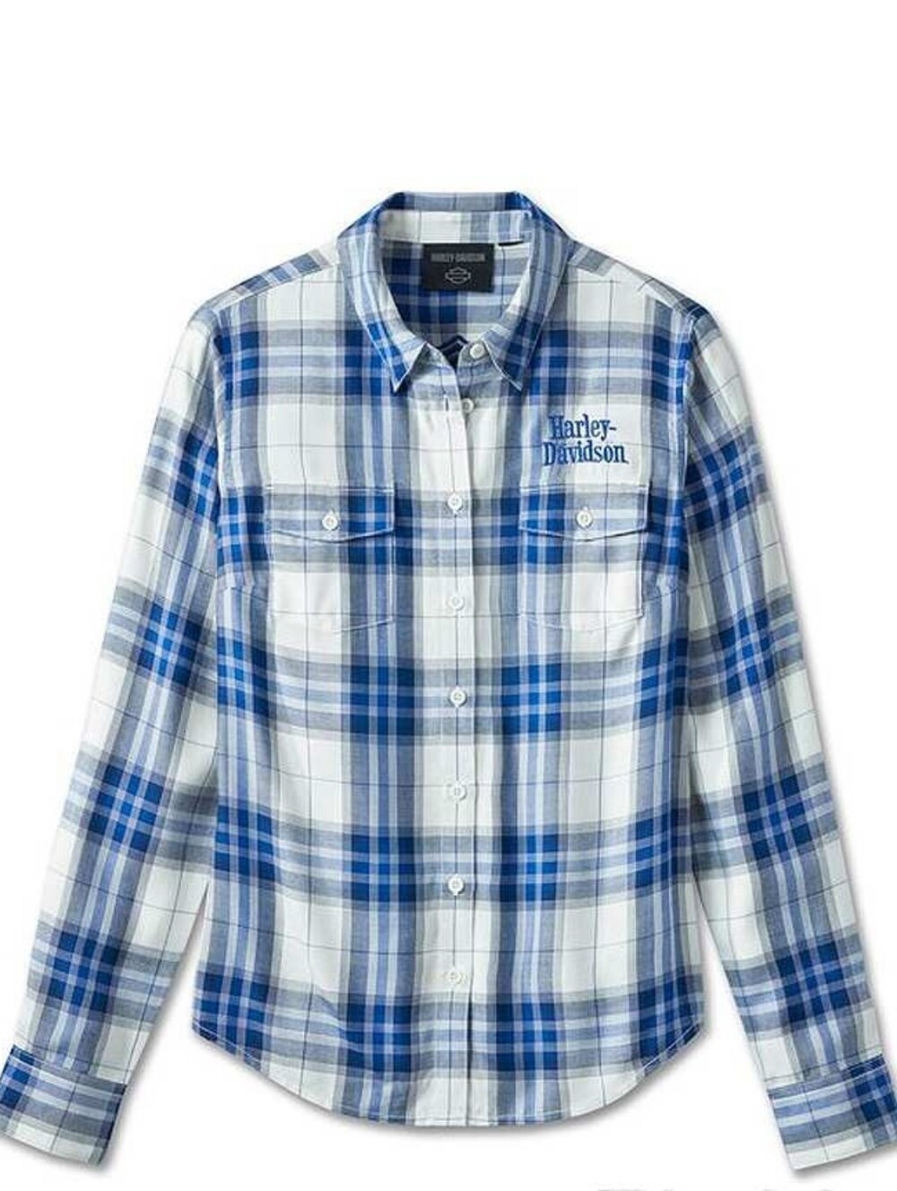 Harley-Davidson White and Blue Plaid Button-Down Shirt